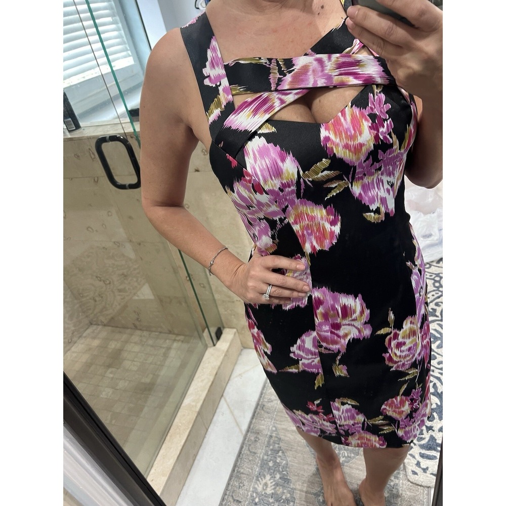 Cache Strappy Pink Black Floral Satin Sheath Dress Size 10